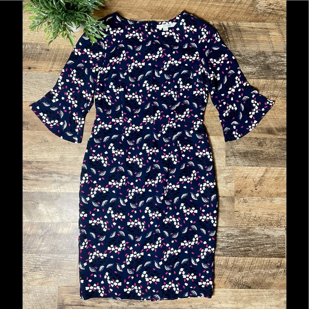 Boden Sheath Dress midi length Floral Design bell sleeve crew neck